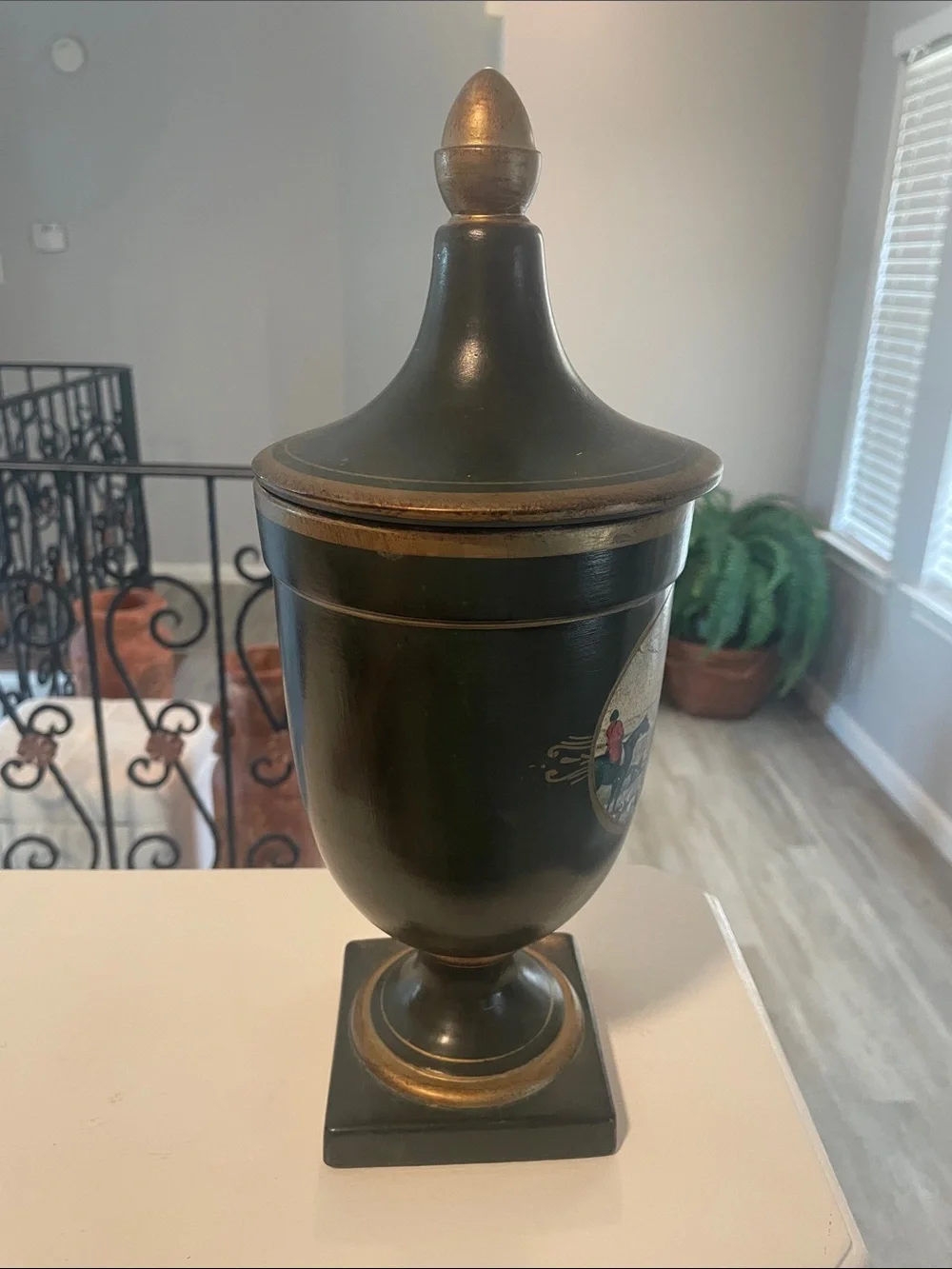 Vintage Hunter Themed Dark Green & Gold Lidded Urn - Home Accent - Picture 4 of 10